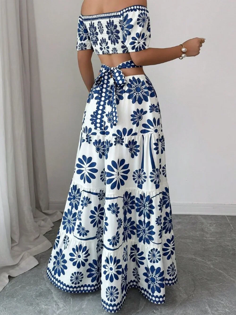 Blue Boho Women's Floral Print Off-Shoulder short Sleeve Hollow Waist Dress - Picture 2 of 7